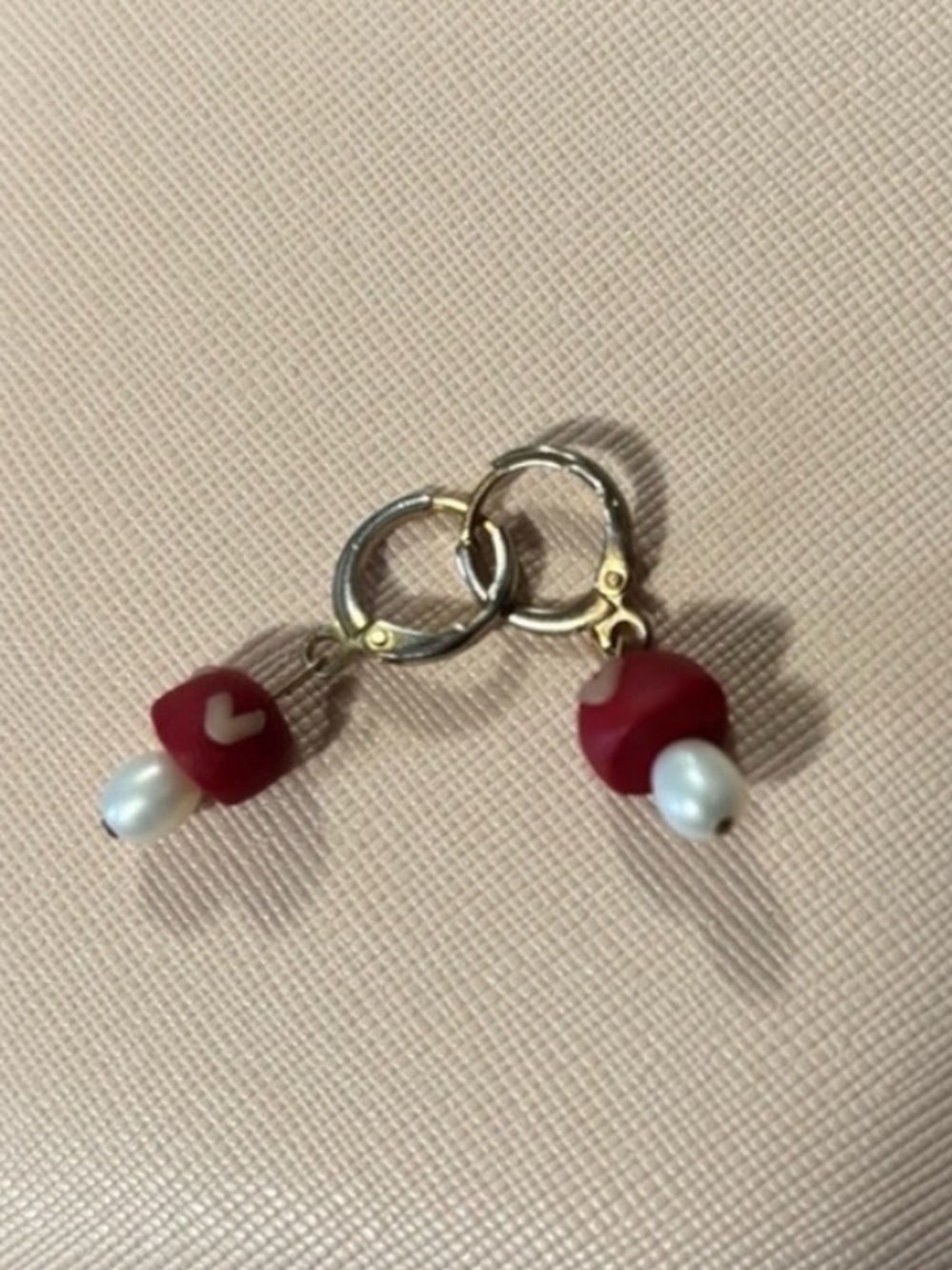 Hoop Earrings with Red Mushrooms and White Pearl Drops